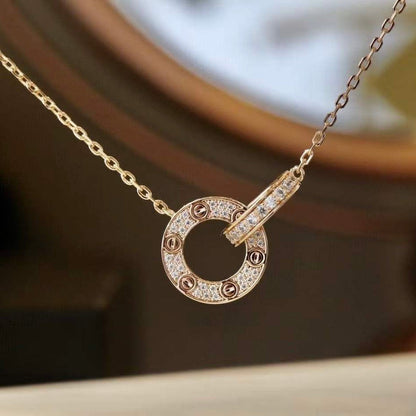 [Charm Aries Jewelry]LOVE 7.6MM NECKLACE ROSE GOLD AND SILVER  FULL DIAMOND