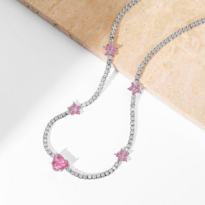 [Charm Aries Jewelry]Dazzling Pink Heart Flower Necklace