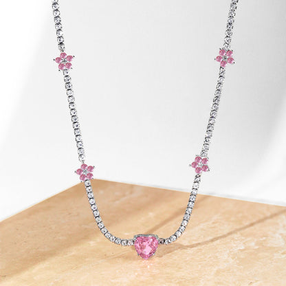 [Charm Aries Jewelry]Dazzling Pink Heart Flower Necklace