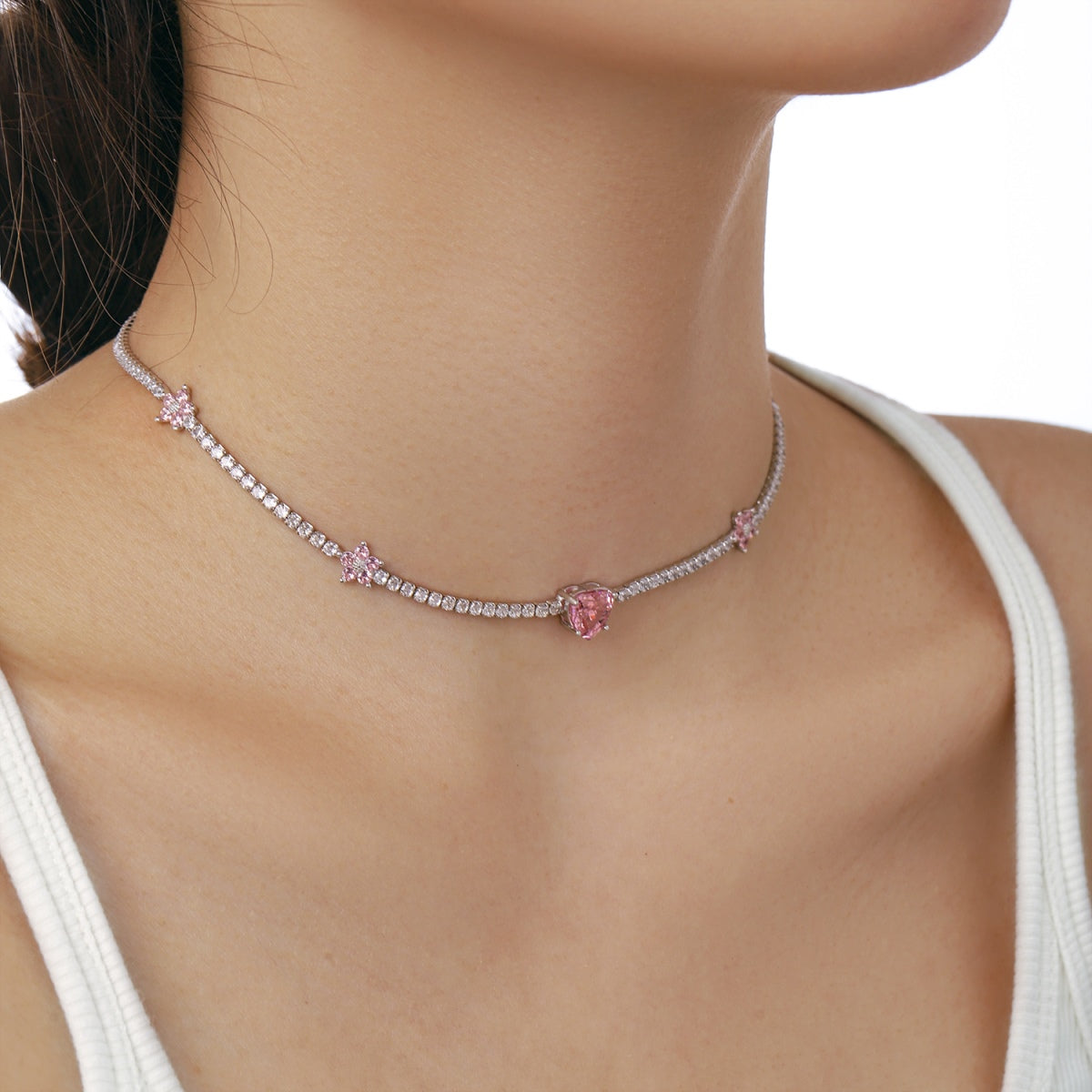 [Charm Aries Jewelry]Dazzling Pink Heart Flower Necklace
