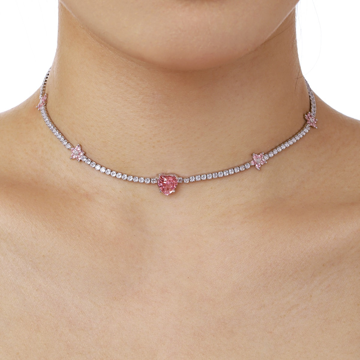 [Charm Aries Jewelry]Dazzling Pink Heart Flower Necklace