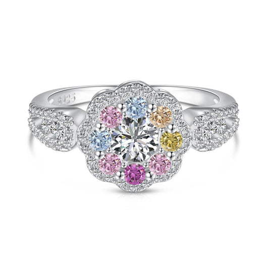 [Charm Aries Jewelry]Delicate Colorful Round Cut Flower Shape Wedding Ring