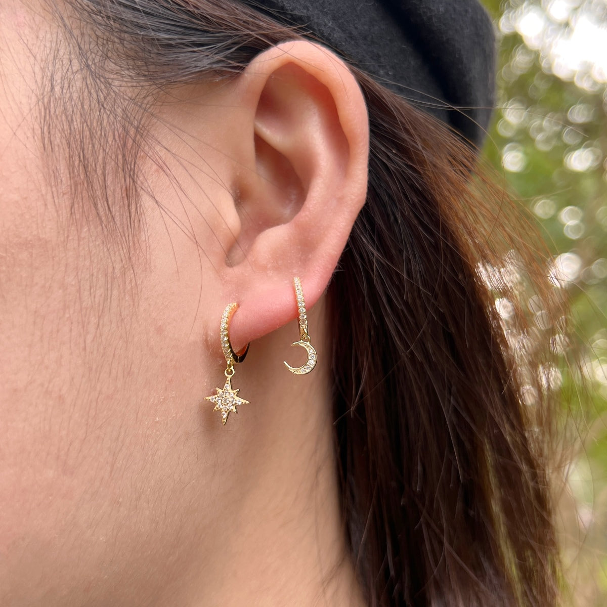 [Charm Aries Jewelry]Star and Moon Asymmetric Earrings
