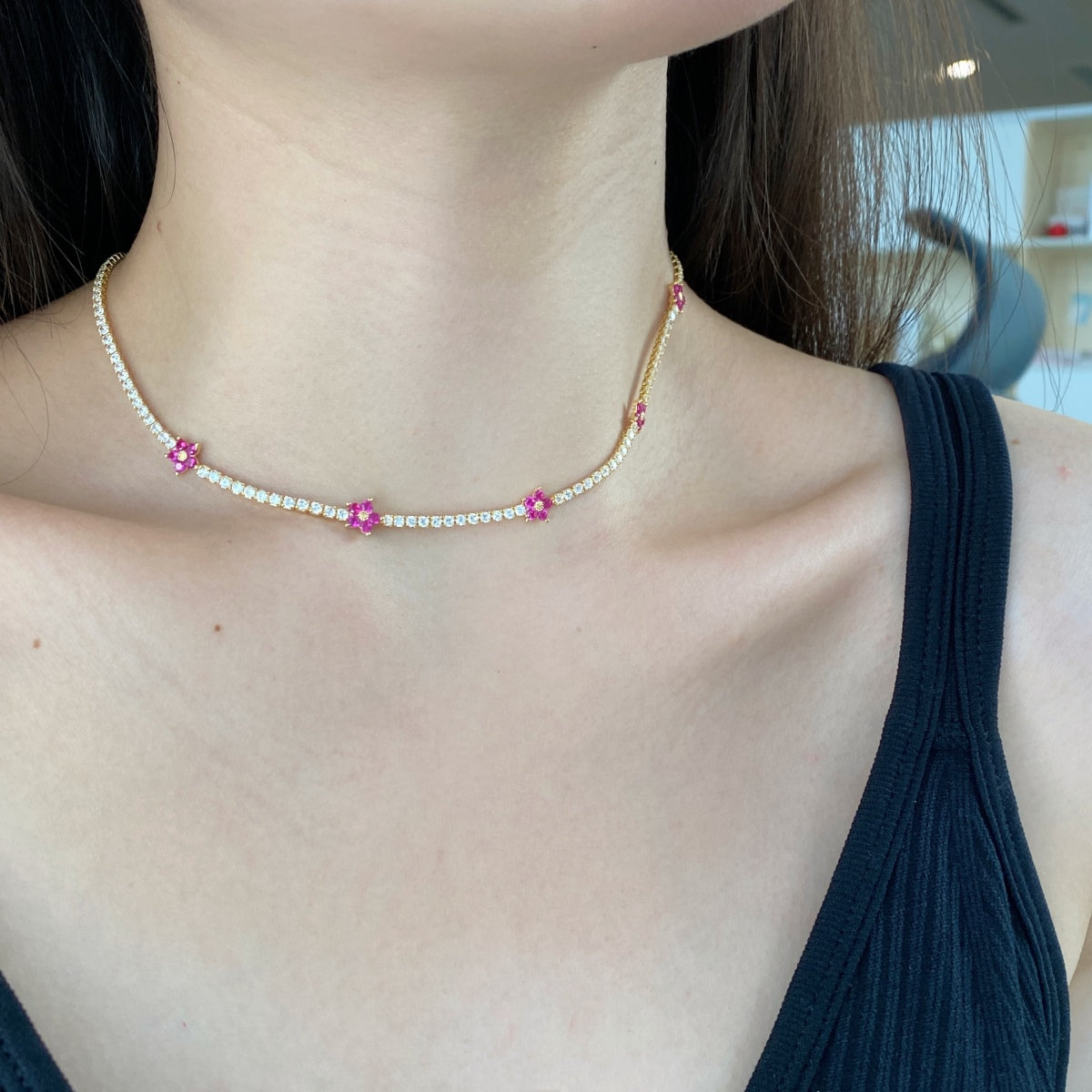 [Charm Aries Jewelry]Luxurious Colorful Flower Tennis Necklace