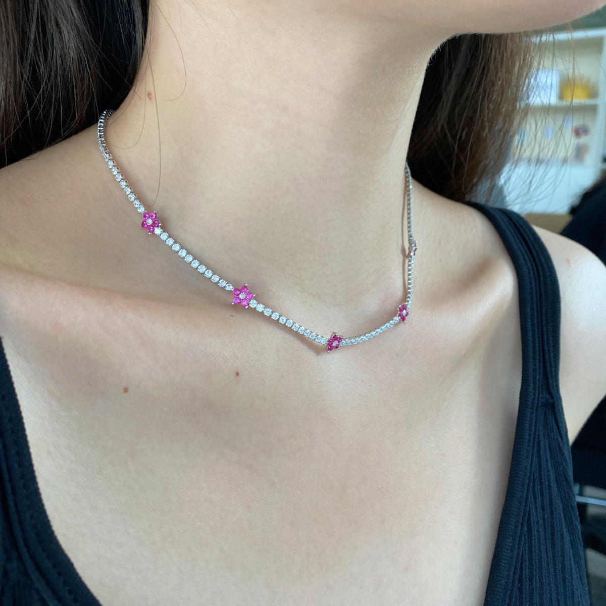 [Charm Aries Jewelry]Luxurious Colorful Flower Tennis Necklace