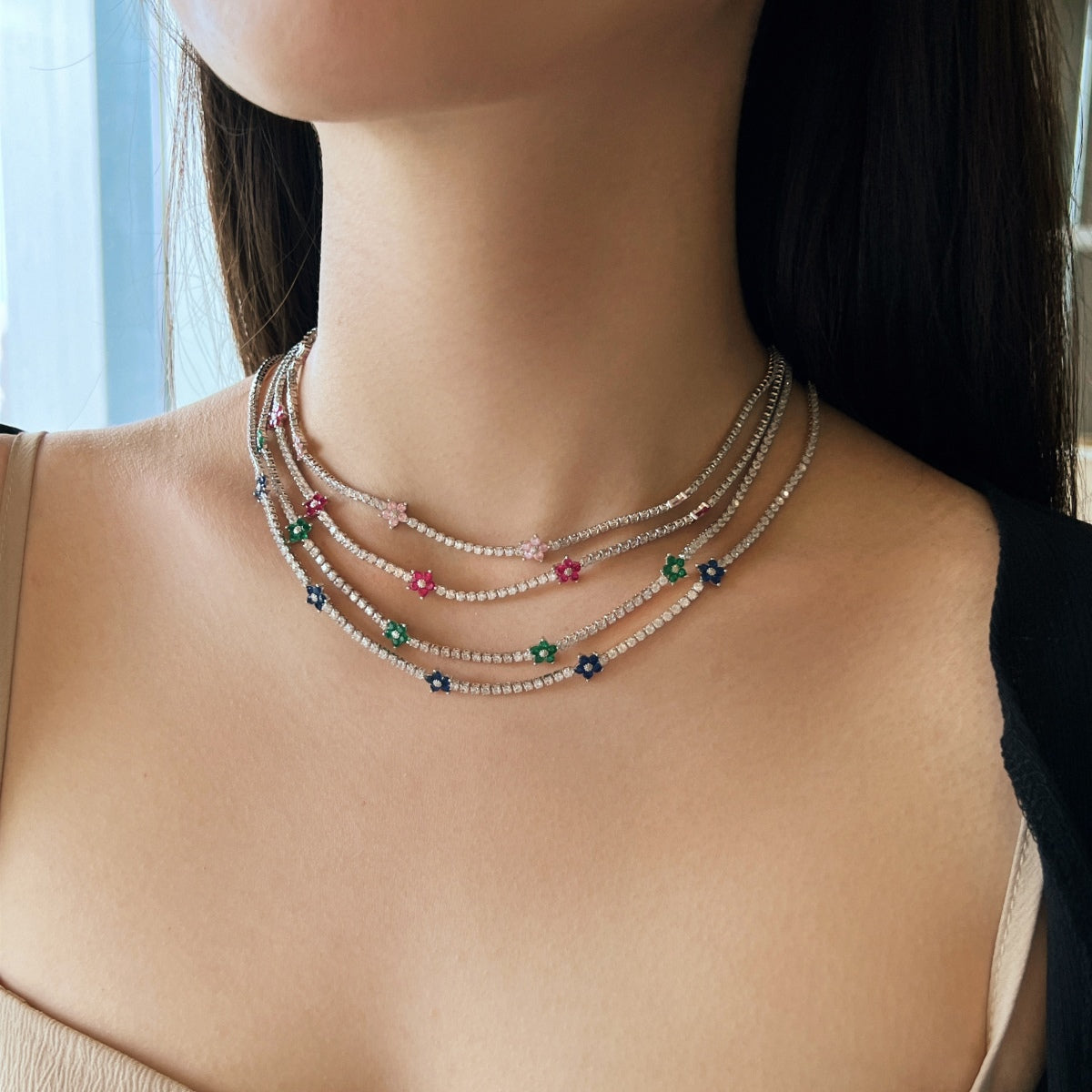 [Charm Aries Jewelry]Luxurious Colorful Flower Tennis Necklace