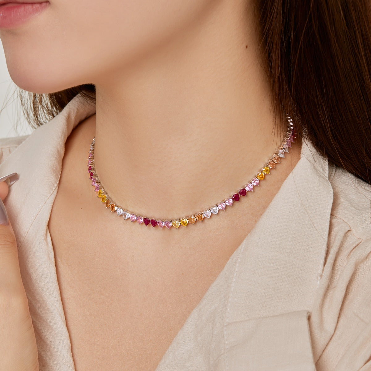 [Charm Aries Jewelry]Sparkling Colorful Full Heart Tennis Necklace