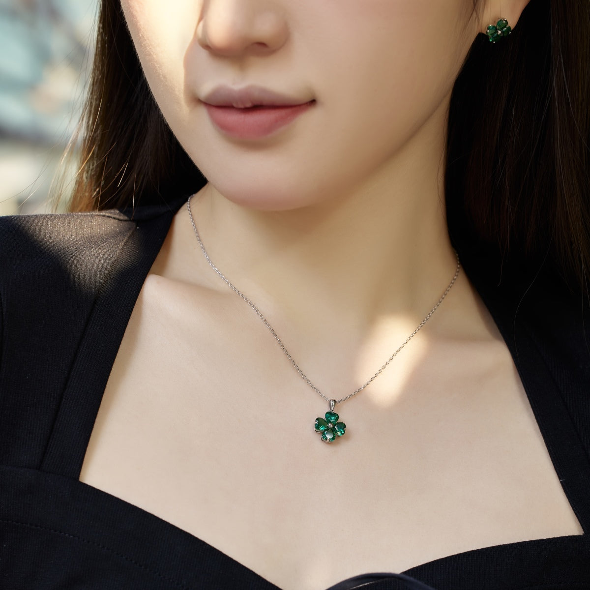 [Charm Aries Jewelry]Heart-Shaped Four-Leaf Charm Aries Bead Necklace