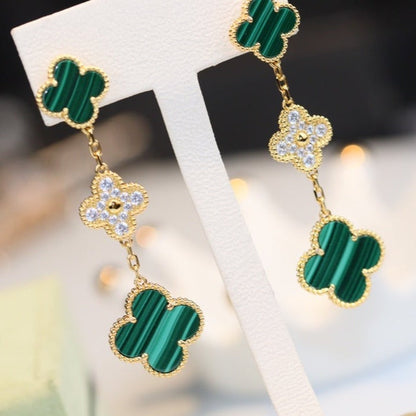[Charm Aries Jewelry]CLOVER EARRINGS GOLD MALACHITE DIAMOND 3 MOTIF