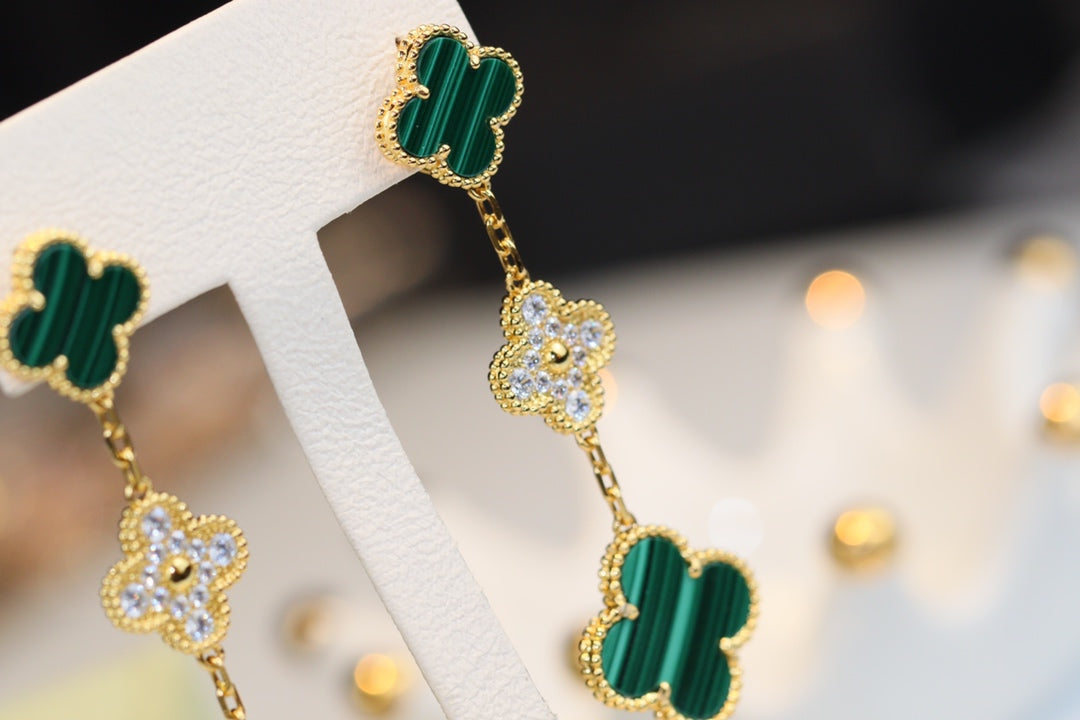 [Charm Aries Jewelry]CLOVER EARRINGS GOLD MALACHITE DIAMOND 3 MOTIF