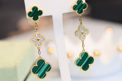 [Charm Aries Jewelry]CLOVER EARRINGS GOLD MALACHITE DIAMOND 3 MOTIF
