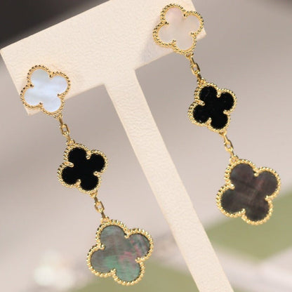[Charm Aries Jewelry]CLOVER EARRINGS GOLD ONYX MOP 3 MOTIF