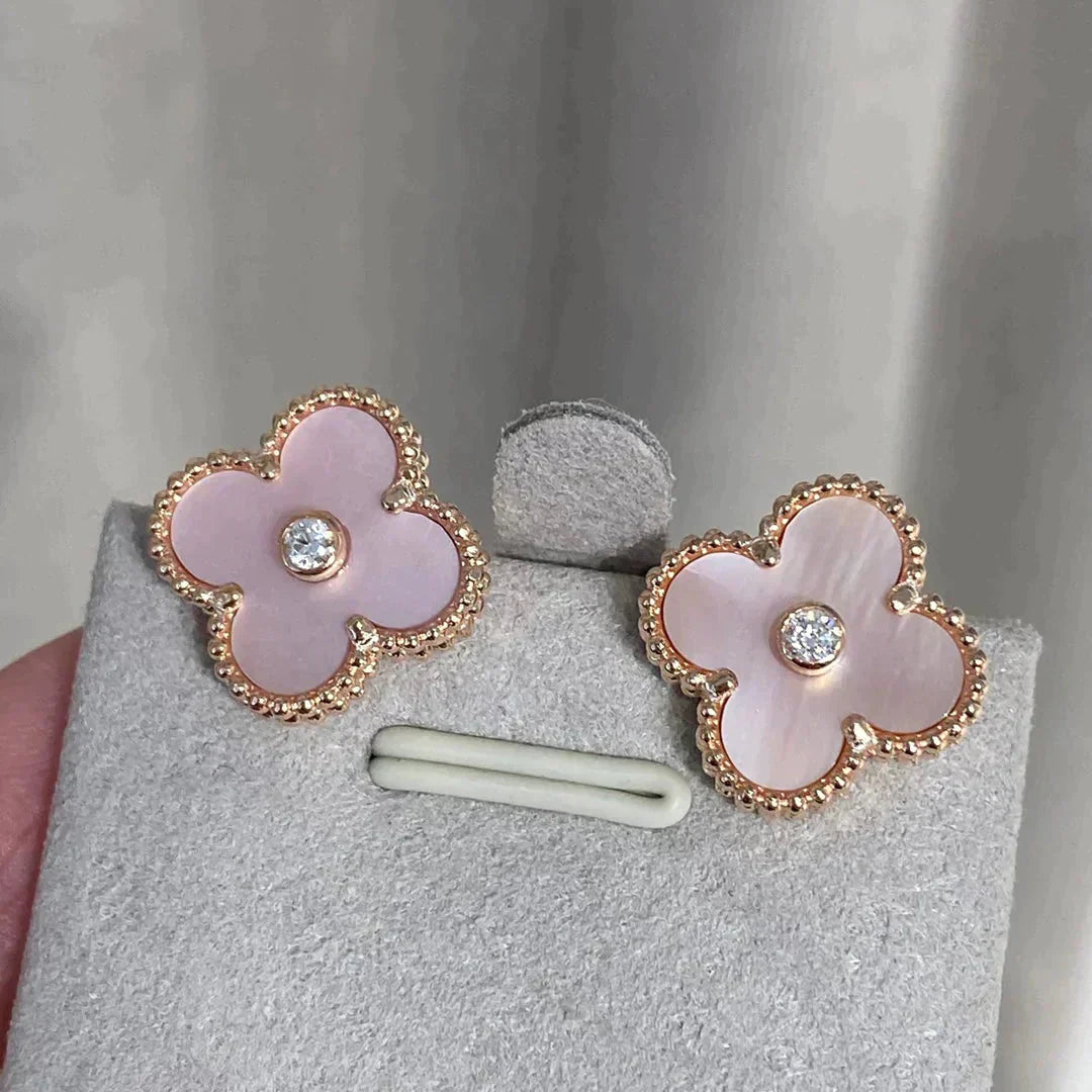 [Charm Aries Jewelry]CLOVER MEDIUM 1 MOTIFS  PINK MOP DIAMOND EARRINGS