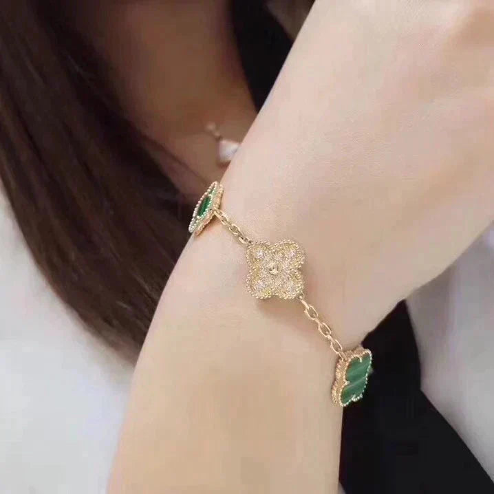 [Charm Aries Jewelry]CLOVER  5 MOTIF MALACHITE DIAMOND BRACELET