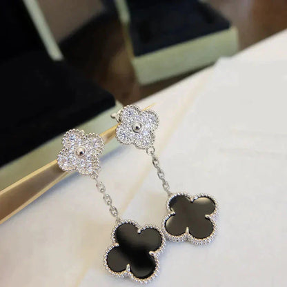 [Charm Aries Jewelry]CLOVER 2 MOTIFS  DIAMOND ONYX EARRINGS SILVER