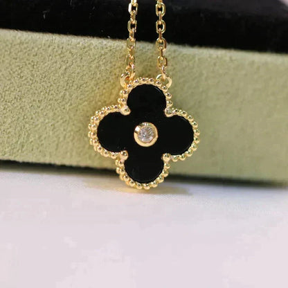 [Charm Aries Jewelry]CLOVER 15MM DIAMOND ONYX NECKLACE