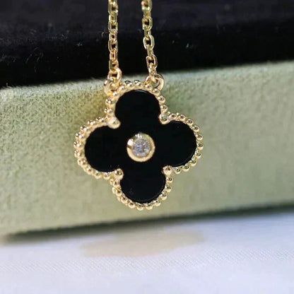 [Charm Aries Jewelry]CLOVER 15MM DIAMOND ONYX NECKLACE