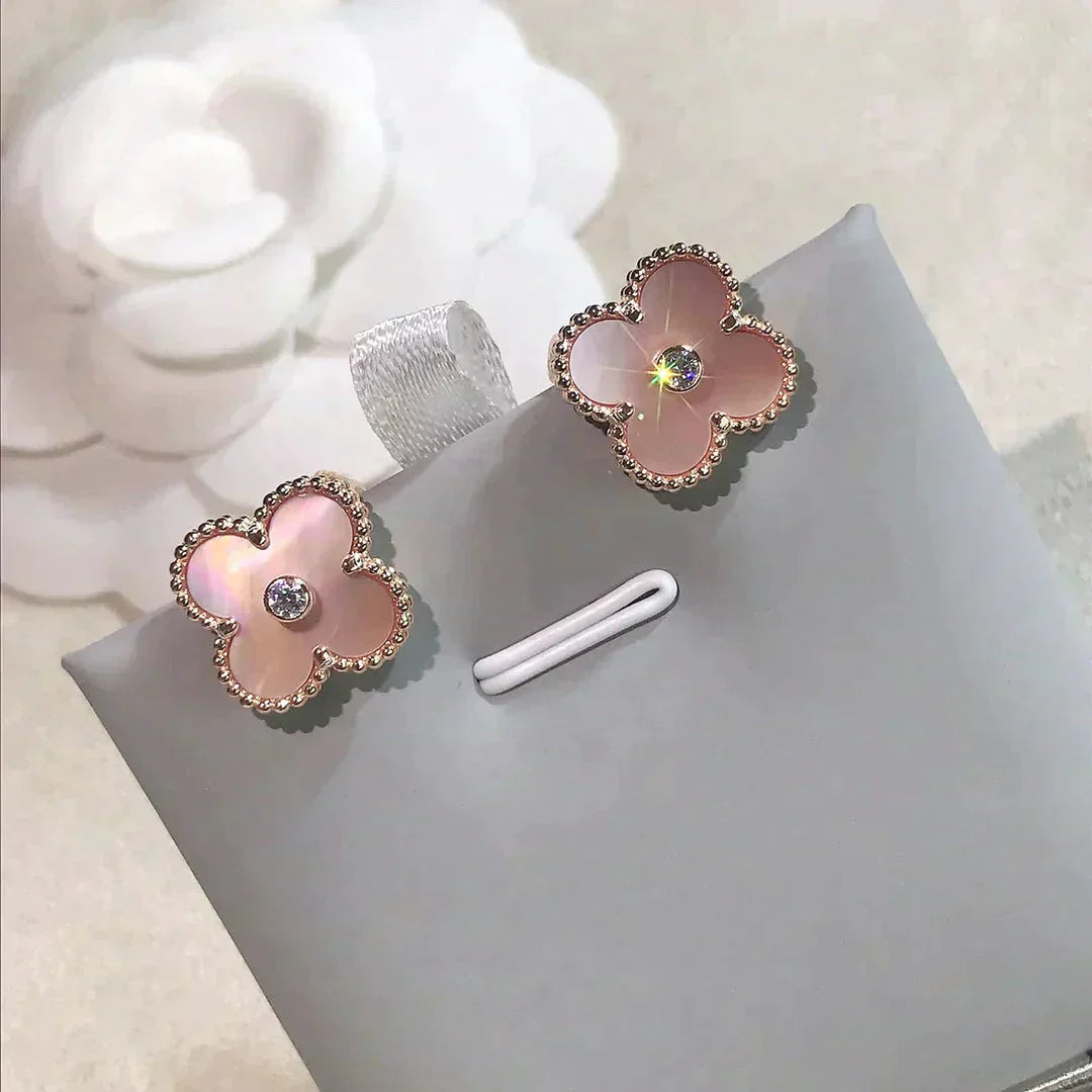 [Charm Aries Jewelry]CLOVER MEDIUM 1 MOTIFS  PINK MOP DIAMOND EARRINGS