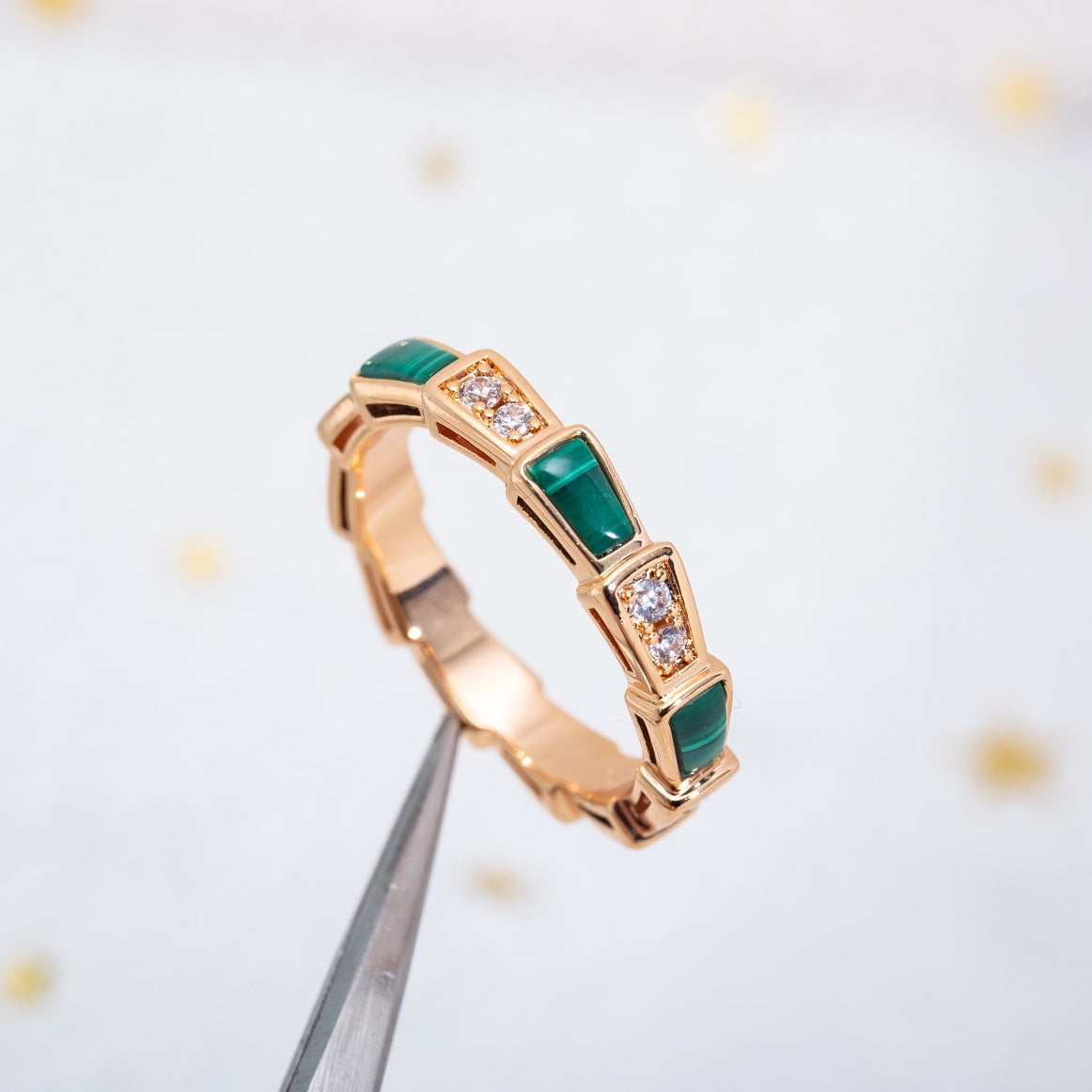 [Charm Aries Jewelry]SERPENTI RING PINK GOLD MALACHITE DIAMOND 3MM