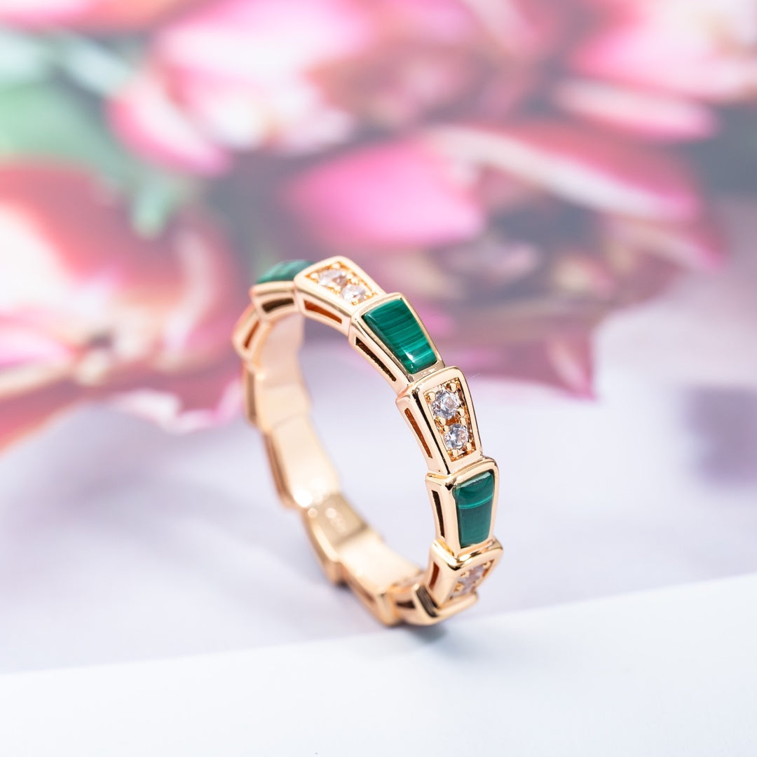 [Charm Aries Jewelry]SERPENTI RING PINK GOLD MALACHITE DIAMOND 3MM