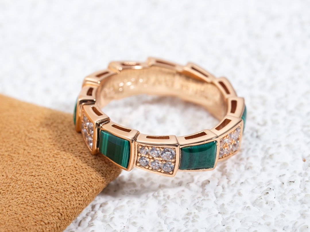 [Charm Aries Jewelry]SERPENTI RING PINK GOLD MALACHITE DIAMOND PAVED 4MM