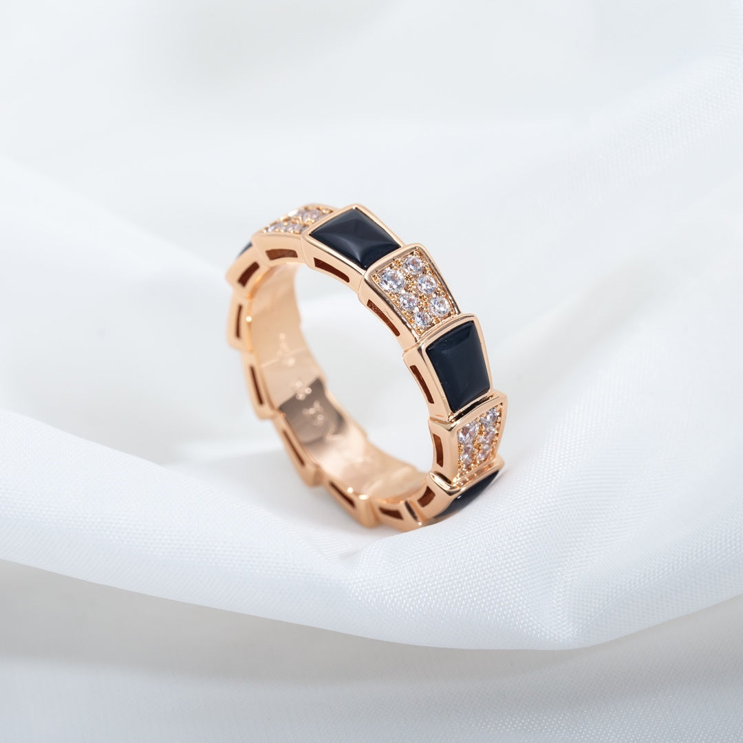 [Charm Aries Jewelry]SERPENTI RING PINK GOLD BLACK MOP DIAMOND PAVED 4MM