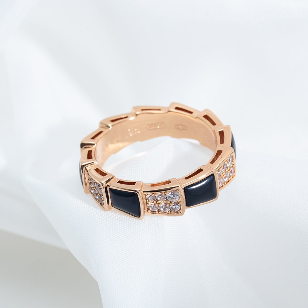 [Charm Aries Jewelry]SERPENTI RING PINK GOLD BLACK MOP DIAMOND PAVED 4MM