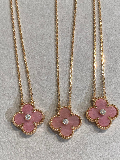 [Charm Aries Jewelry]CLOVER 15MM DIAMOND RHODONITE NECKLACE