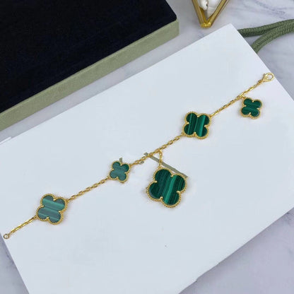 [Charm Aries Jewelry]MAGIC CLOVER MALACHITE GOLD BRACELET 5 MOTIFS