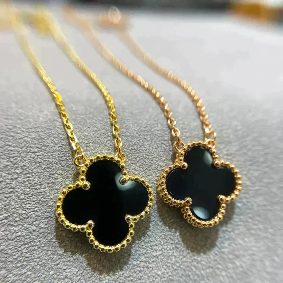 [Charm Aries Jewelry]CLOVER 15MM BLACK ONYX SINGLE FLOWER NECKLACE