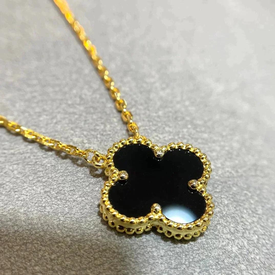 [Charm Aries Jewelry]CLOVER 15MM BLACK ONYX SINGLE FLOWER NECKLACE