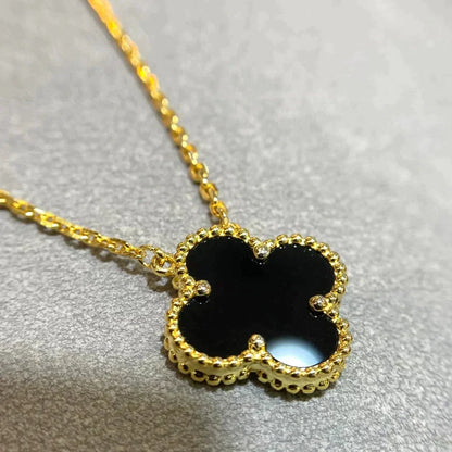 [Charm Aries Jewelry]CLOVER 15MM BLACK ONYX SINGLE FLOWER NECKLACE