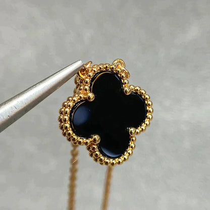 [Charm Aries Jewelry]CLOVER 15MM BLACK ONYX SINGLE FLOWER NECKLACE