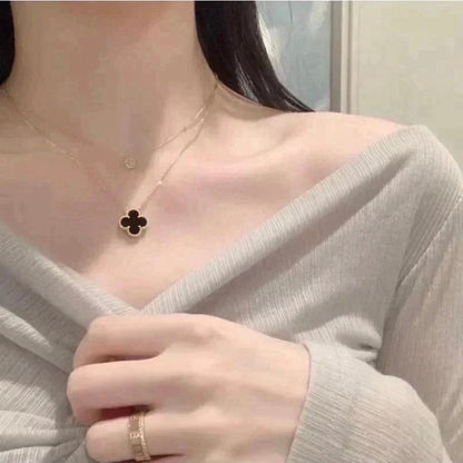 [Charm Aries Jewelry]CLOVER 15MM BLACK ONYX SINGLE FLOWER NECKLACE