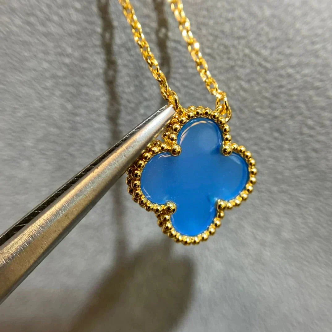 [Charm Aries Jewelry]CLOVER 15MM BLUE AGATE NECKLACE