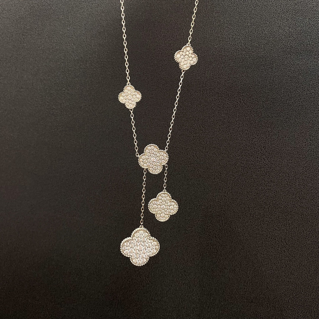 [Charm Aries Jewelry]CLOVER 5 MOTIFS SILVER DIAMONDS NECKLACE