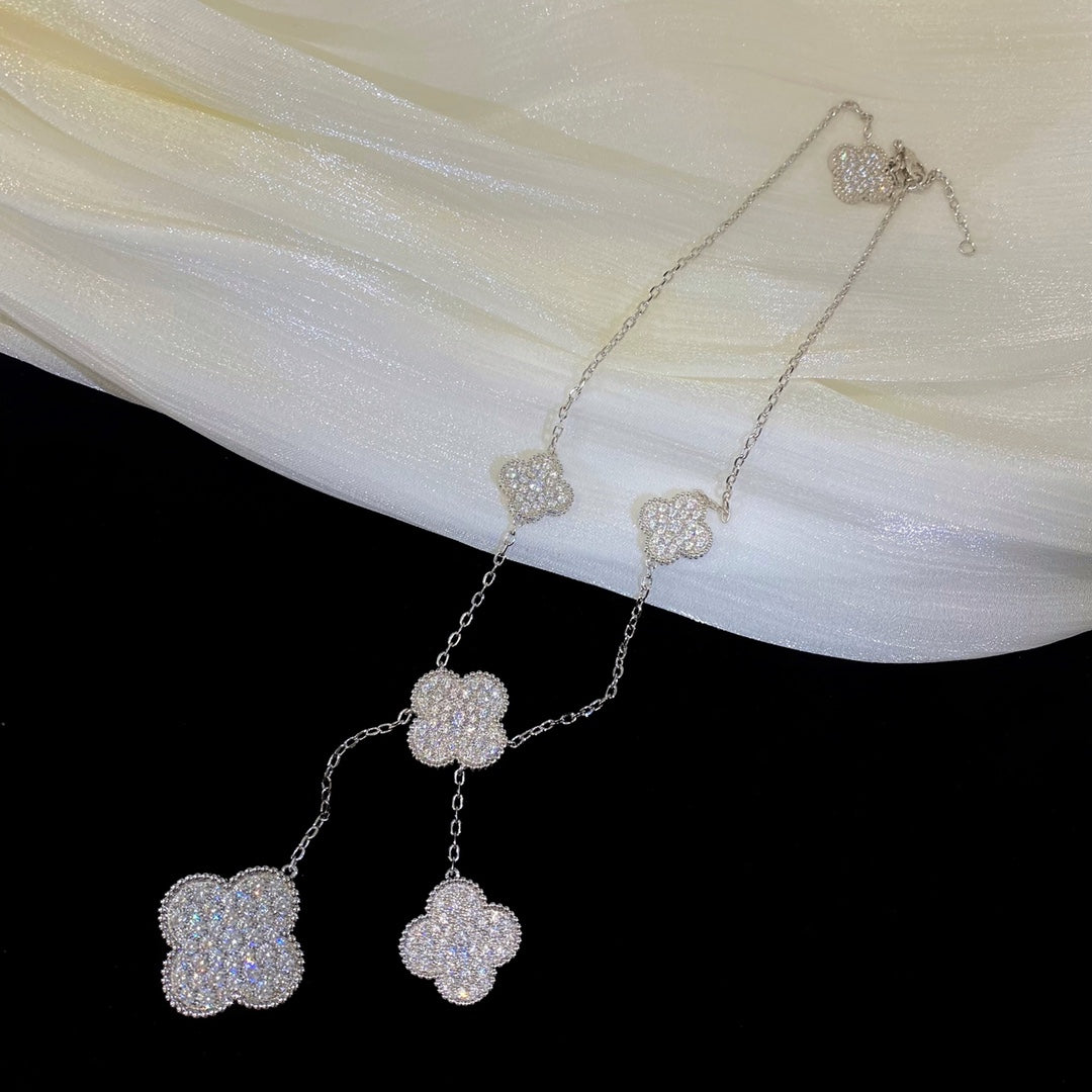 [Charm Aries Jewelry]CLOVER 5 MOTIFS SILVER DIAMONDS NECKLACE