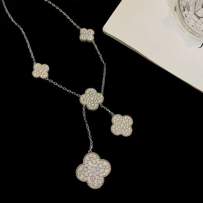 [Charm Aries Jewelry]CLOVER 5 MOTIFS SILVER DIAMONDS NECKLACE