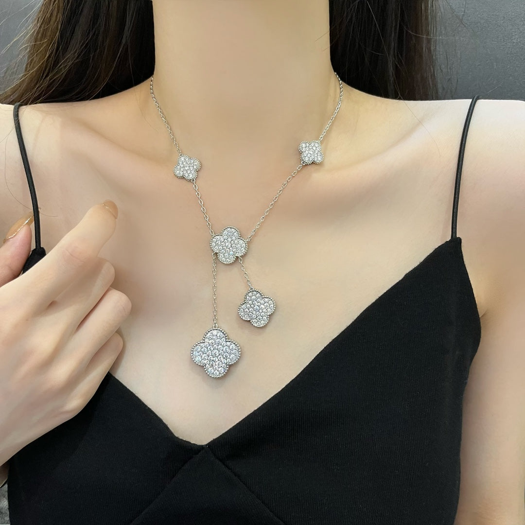 [Charm Aries Jewelry]CLOVER 5 MOTIFS SILVER DIAMONDS NECKLACE
