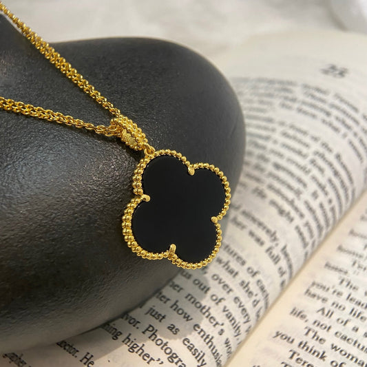 [Charm Aries Jewelry]CLOVER 25MM NECKLACE GOLD ONYX