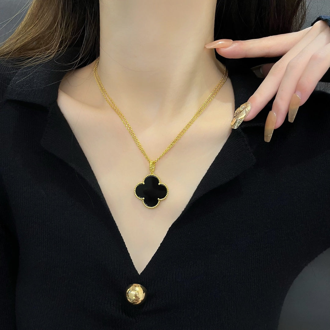 [Charm Aries Jewelry]CLOVER 25MM NECKLACE GOLD ONYX