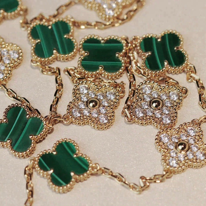 [Charm Aries Jewelry]CLOVER 20 MOTIFS MALACHITE DIAMOND NECKLACE