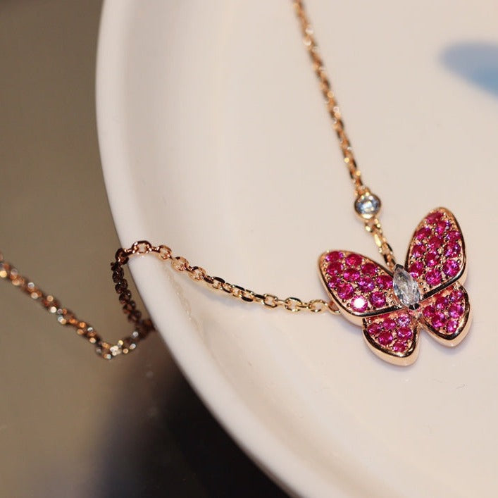 [Charm Aries Jewelry]BUTTERFLY RED DIAMOND ROSE GOLD NECKLACE