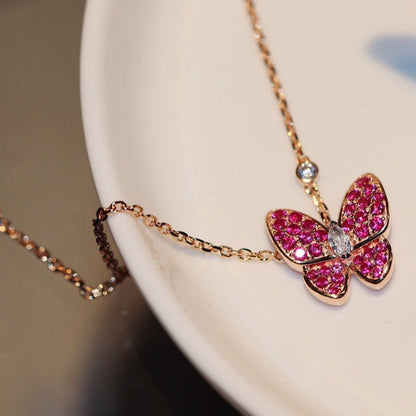 [Charm Aries Jewelry]BUTTERFLY RED DIAMOND ROSE GOLD NECKLACE