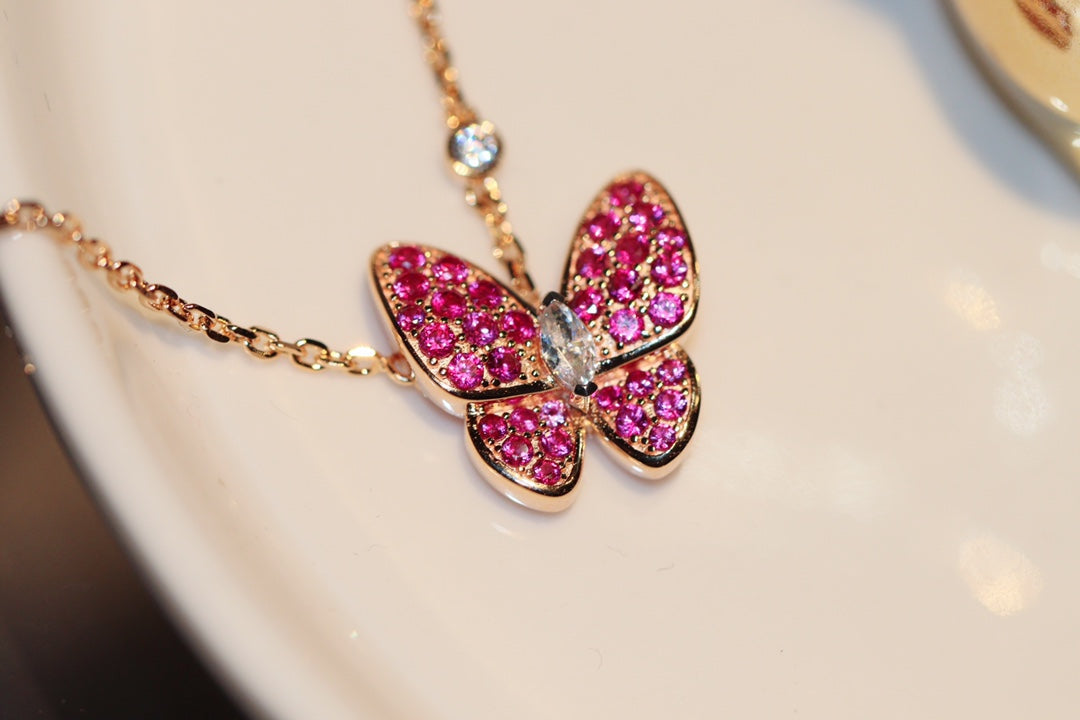 [Charm Aries Jewelry]BUTTERFLY RED DIAMOND ROSE GOLD NECKLACE