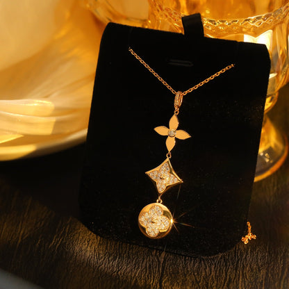 [Charm Aries Jewelry]STAR AND SUN DIAMOND PINK GOLD NECKLACE