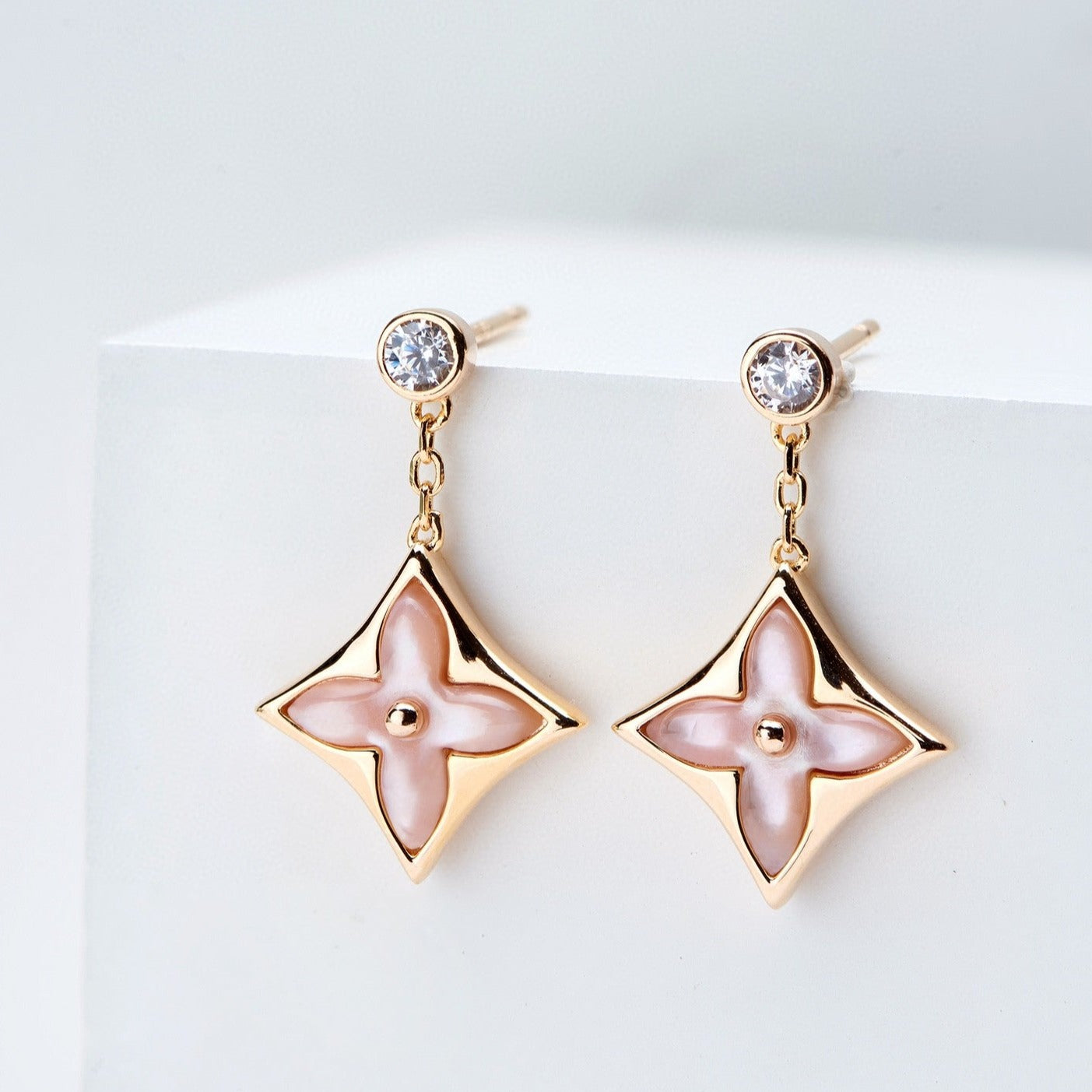 [Charm Aries Jewelry]DOUBLE STAR PINK GOLD MOP DROP EARRINGS