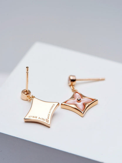[Charm Aries Jewelry]DOUBLE STAR PINK GOLD MOP DROP EARRINGS