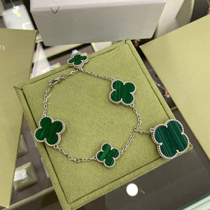 [Charm Aries Jewelry]CLOVER 5 MOTIFS SIVLER MALACHITE BRACELET