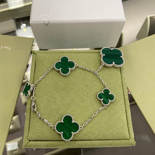 [Charm Aries Jewelry]CLOVER 5 MOTIFS SIVLER MALACHITE BRACELET